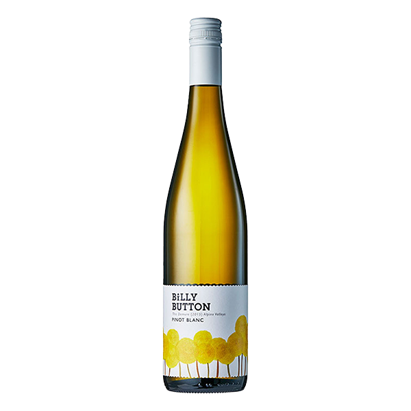 Billy Button Pinot Blanc, a refined Alpine Valleys white wine with floral aromas, stone fruit, and a crisp, elegant finish.