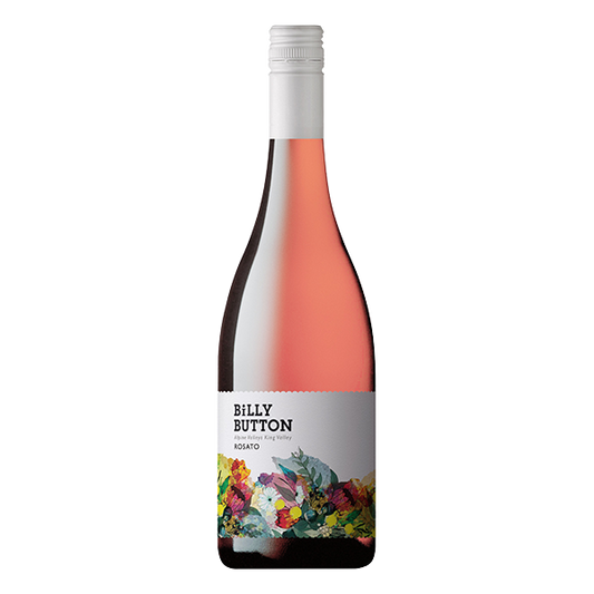 Billy Button Rosato with salmon-pink hues, strawberry leaf aromas, and a crisp, vibrant finish.