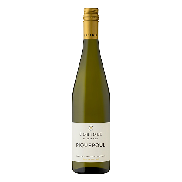 Coriole Piquepoul, a 93-point McLaren Vale white wine with lemon, oyster shell, and vibrant acidity, perfect for seafood.