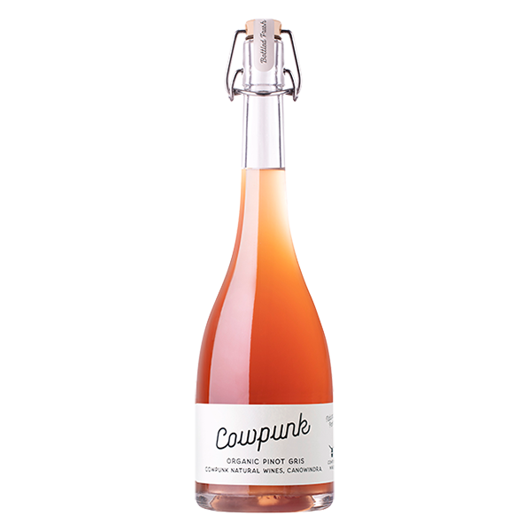 Cowpunk Natural Pinot Gris with floral, blood orange, and amaro notes in a rich, full-bodied style.