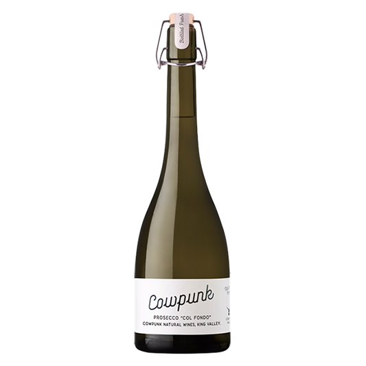 Cowpunk Natural Prosecco with bright citrus, toasty notes, and a crisp mineral finish.