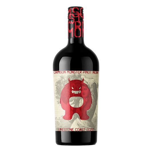 Crimson Monster Pinot Noir with red berries, vanilla bean, autumn leaves, and spicy oak, offering a bold, smooth, and richly flavoured palate.