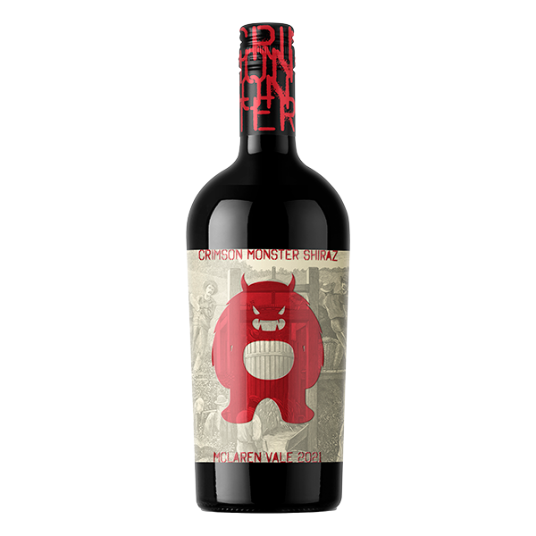 Crimson Monster Shiraz with rich blackberry, plum, vanilla, milk chocolate, and leather, offering bold flavours and a smooth, lingering finish.