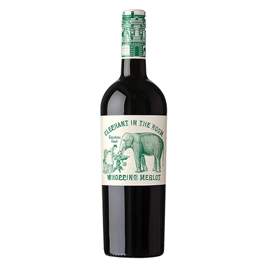 Elephant in the Room Merlot with dark berry fruit, plum, chocolate, and fine tannins on a smooth, full-flavoured palate.