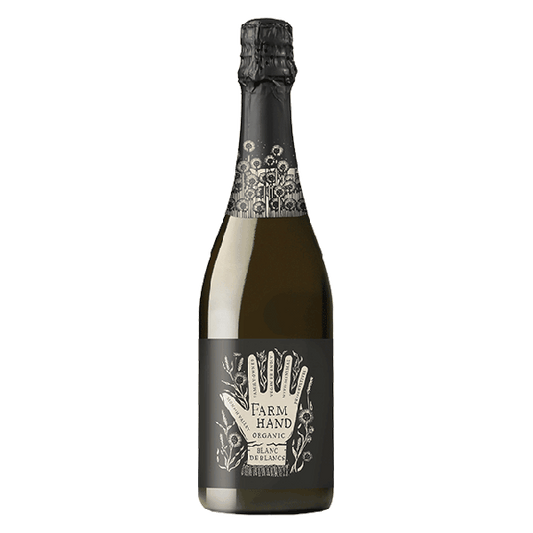 Farm Hand Organic Blanc de Blancs, a crisp organic sparkling wine with apple, citrus, and fine bubbles.