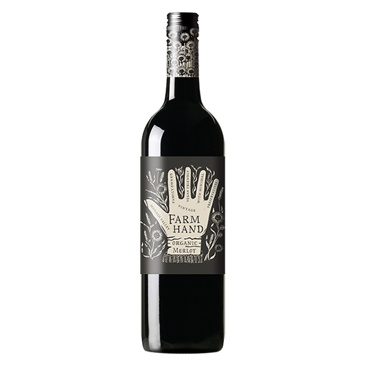 Farm Hand Organic Merlot with black fruit, dark cocoa, and mellow tannins.