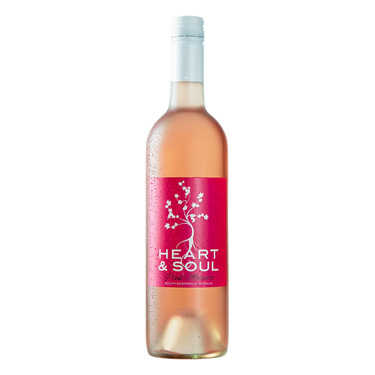 Heart & Soul Pink Moscato with wild berries, lychee, white peach, tropical fruits, and a sweet, refreshing finish.