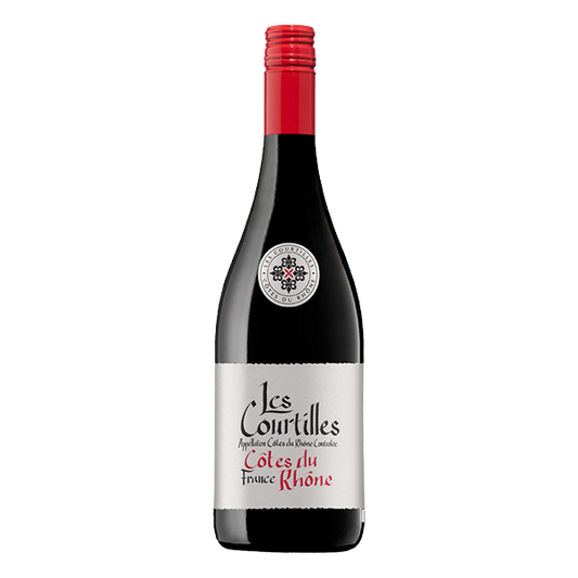 Les Courtilles Côtes du Rhône, a vibrant French red wine with dark berries, sweet cherry, savoury spice, and fine tannins.