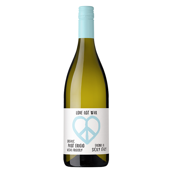 Love Not War Organic Pinot Grigio with green pear, citrus, and a smooth, textured finish — a vibrant Italian white perfect for seafood.