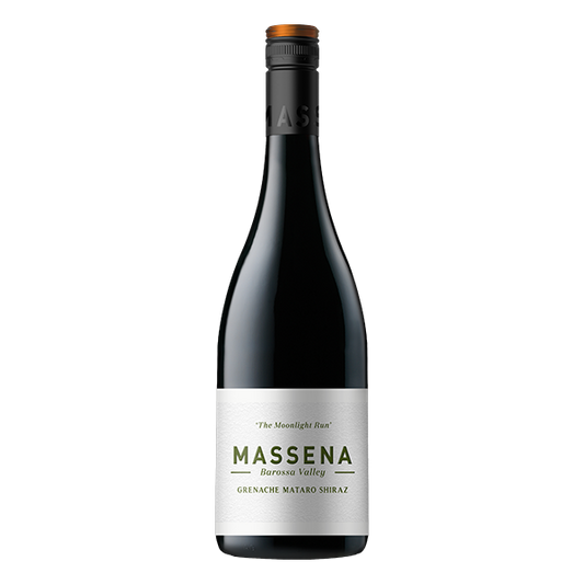 Massena The Moonlight Run GMS, a rich Barossa blend with dark cherry, kirsch, roasted spices, and fine tannins.