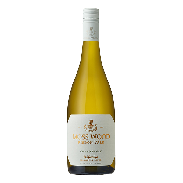 Moss Wood Ribbon Vale Chardonnay, a 96-point Margaret River white wine with peach, nectarine, and nutty complexity.