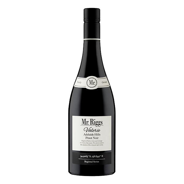 Mr. Riggs Valerie Pinot Noir, a bright and aromatic red wine with cherry, raspberry, and silky tannins.