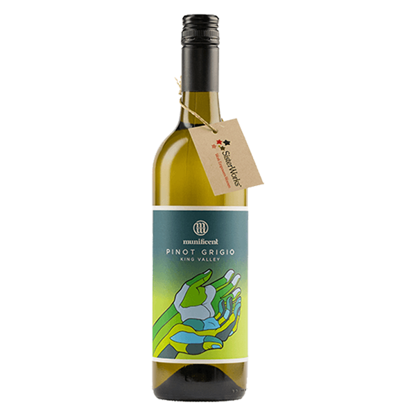Munificent Pinot Grigio with pear and citrus flavours, crisp dry finish, and social impact.