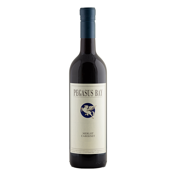 Pegasus Bay Merlot Cabernet, a North Canterbury red wine with blackcurrant, plum, mocha, and earthy spice.