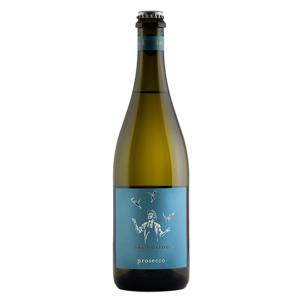 Risky Business Prosecco, a 95-point dry sparkling wine with pear, stone fruit, and crisp citrus notes.