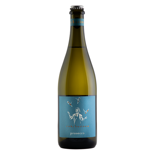 Risky Business Prosecco, a 95-point dry sparkling wine with pear, stone fruit, and crisp citrus notes.