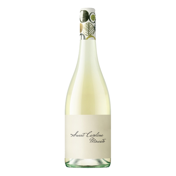 Sweet Caroline Moscato, a lightly effervescent wine with vibrant citrus, floral aromas, and a crisp, refreshing finish.