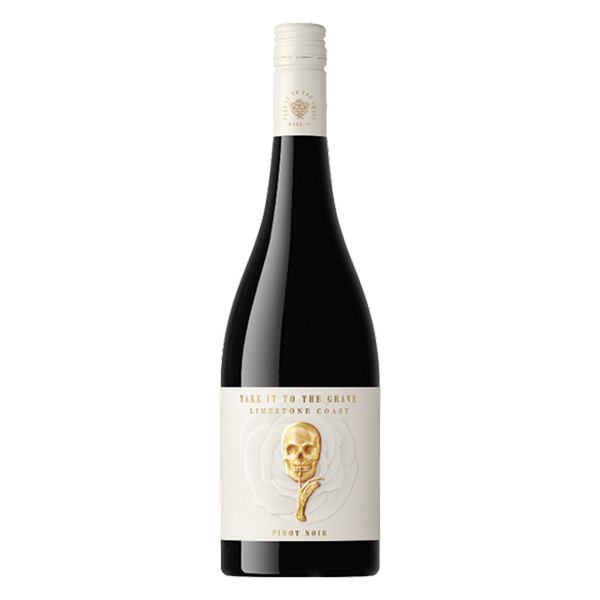 Take it to the Grave Pinot Noir with strawberry, plum, and cherry aromas, fine tannins, and a smooth, balanced finish.