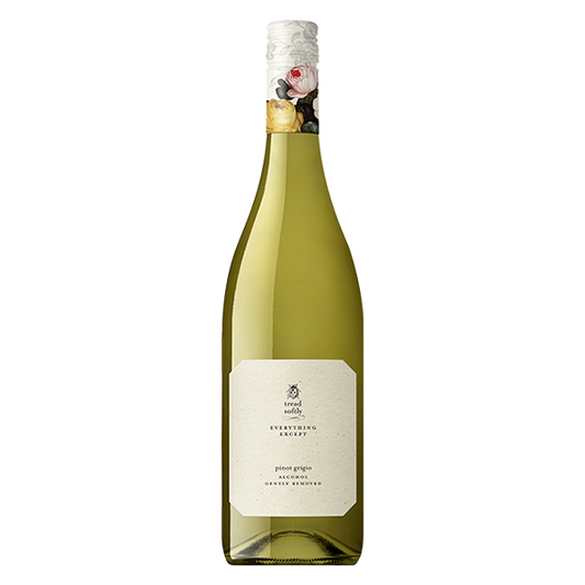 Tread Softly Everything Except Pinot Grigio, a crisp alcohol-free white wine with pear, apple, and citrus.