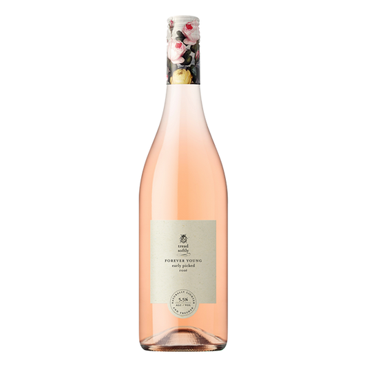 Tread Softly Forever Young Rosé with pale pink hues, strawberries, citrus, and a vibrant, delicate finish.