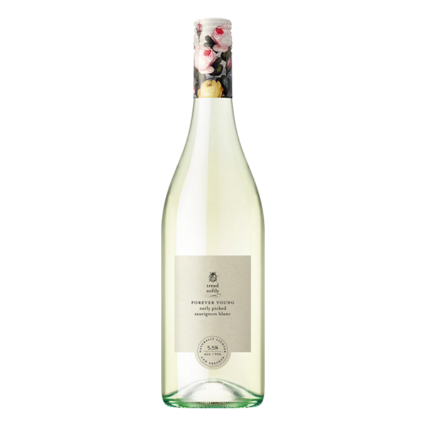 Tread Softly Forever Young Sauvignon Blanc with citrus, guava, and passionfruit aromas, offering a bright, fresh, and elegant finish.