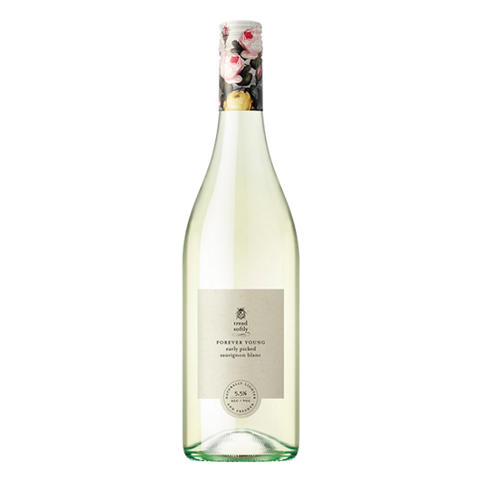 Tread Softly Forever Young Sauvignon Blanc with citrus, guava, and passionfruit aromas, offering a bright, fresh, and elegant finish.