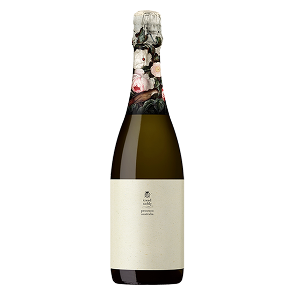 Tread Softly Prosecco with fresh pear, apple, citrus, and a fine, persistent bead.