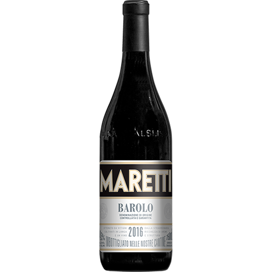 Maretti Barolo with rose, spice, and earthy undertones from Piedmont.