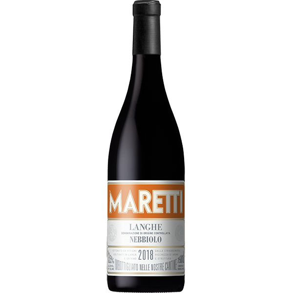 Maretti Langhe Nebbiolo with red fruits, dark berries, and fine tannins from Piedmont.