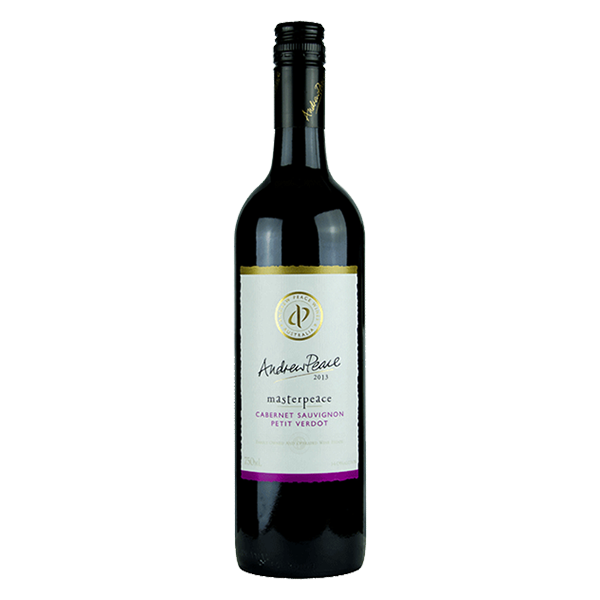 Andrew Peace Masterpeace Cabernet Petit Verdot, a rich Victorian red with dark berries, olive, and savoury spice.