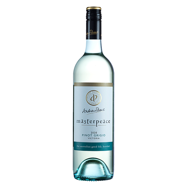Andrew Peace Masterpeace Pinot Grigio, a vibrant Victorian white wine with lychee, citrus, and tropical notes.