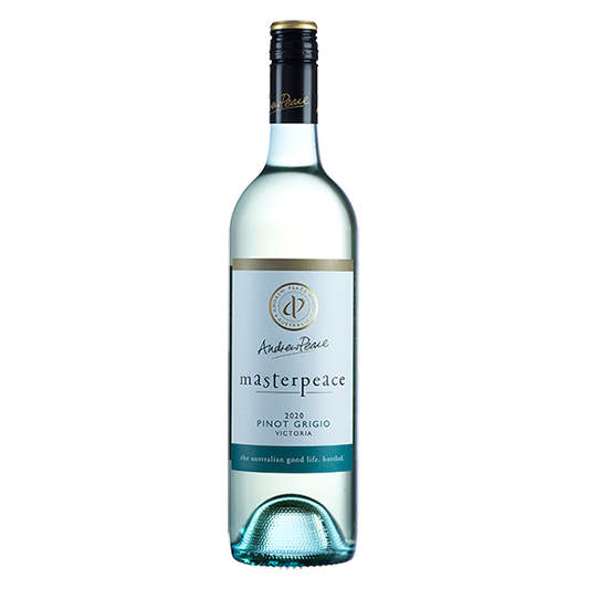 Andrew Peace Masterpeace Pinot Grigio, a vibrant Victorian white wine with lychee, citrus, and tropical notes.