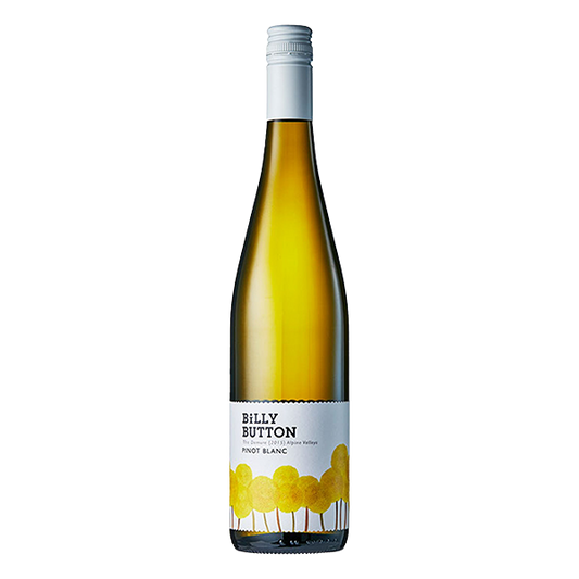 Billy Button Pinot Blanc, a refined Alpine Valleys white wine with floral aromas, stone fruit, and a crisp, elegant finish.