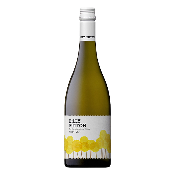 Billy Button Pinot Gris with nashi pear, ripe lemon, and crisp red apple in a vibrant, cool-climate style.