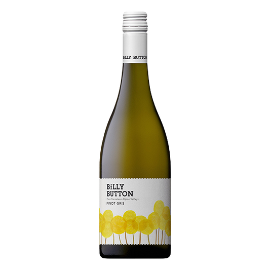 Billy Button Pinot Gris with nashi pear, ripe lemon, and crisp red apple in a vibrant, cool-climate style.