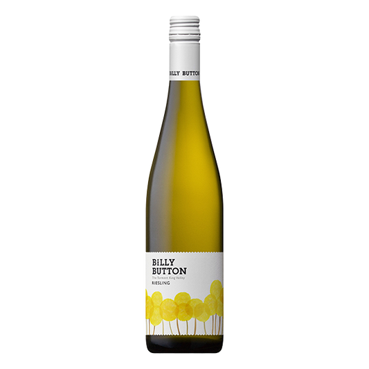 Billy Button Riesling with lime zest, lemon drop, and wet slate in a bright, cool-climate style.