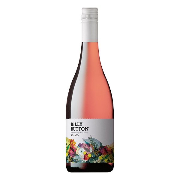 Billy Button Rosato with salmon-pink hues, strawberry leaf aromas, and a crisp, vibrant finish.
