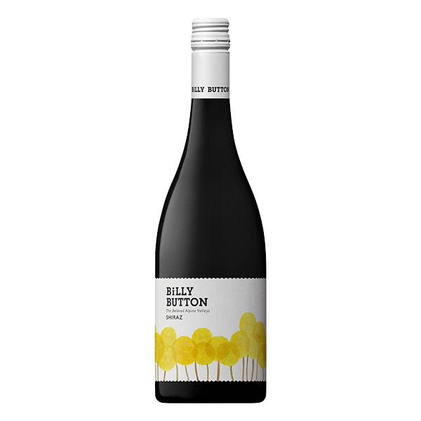 Billy Button Shiraz, a deep garnet Alpine Valleys red wine with pepper, aniseed, and fine tannins. 