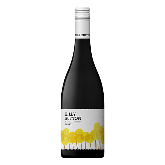 Billy Button Shiraz, a deep garnet Alpine Valleys red wine with pepper, aniseed, and fine tannins. 