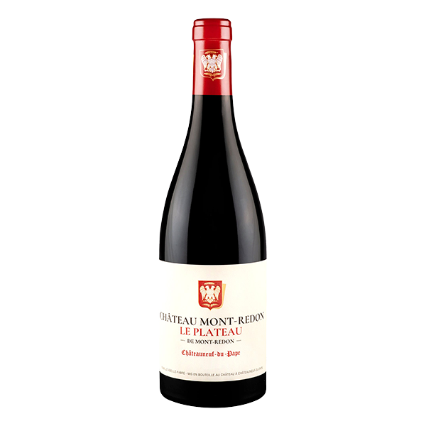 Château Mont-Redon Le Plateau Châteauneuf-du-Pape, rich Rhône red with black plum, cassis, and velvety tannins.
