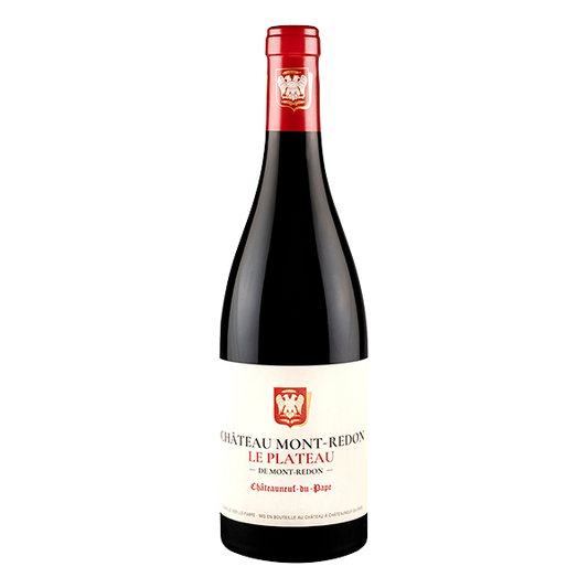 Château Mont-Redon Le Plateau Châteauneuf-du-Pape, rich Rhône red with black plum, cassis, and velvety tannins.