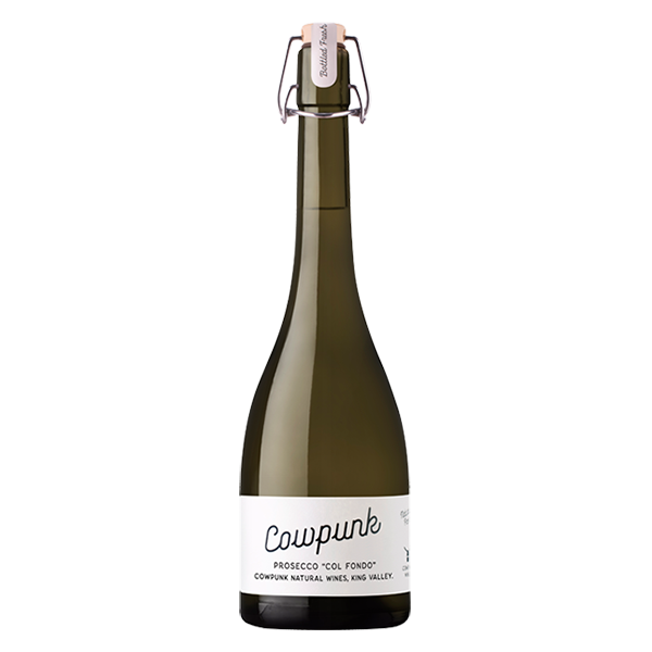 Cowpunk Natural Prosecco with bright citrus, toasty notes, and a crisp mineral finish.
