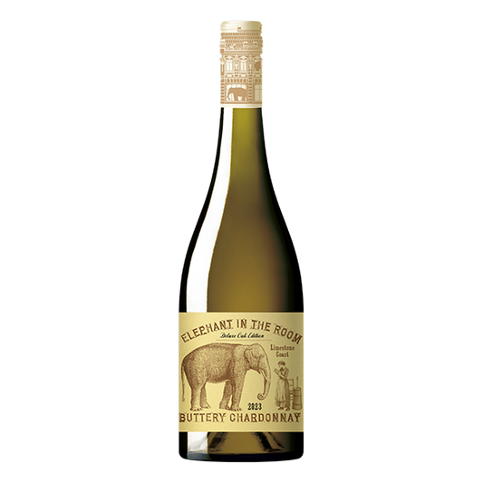 Elephant in the Room Buttery Chardonnay with ripe stone fruit, creamy oak, and a smooth, buttery finish.