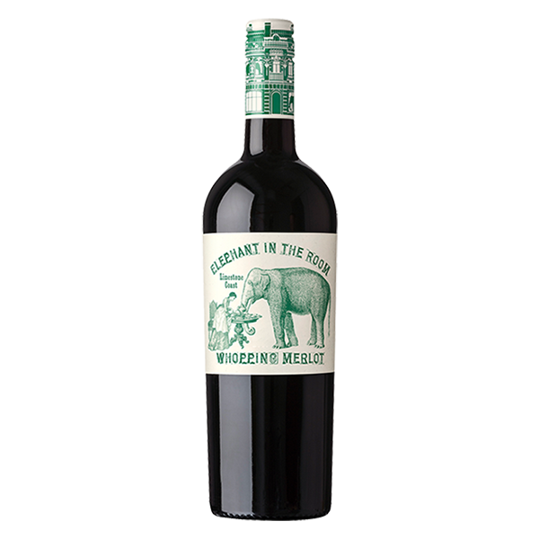 Elephant in the Room Merlot with dark berry fruit, plum, chocolate, and fine tannins on a smooth, full-flavoured palate.