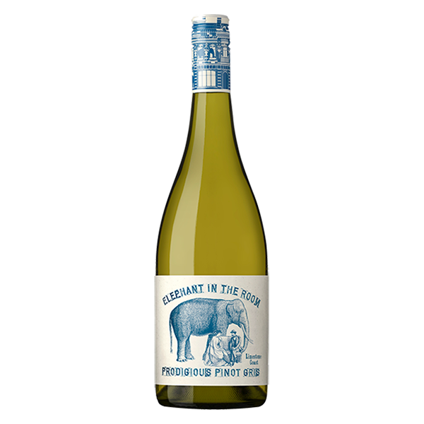 Elephant in the Room Pinot Gris with ripe pear, citrus, and a soft, rounded finish.