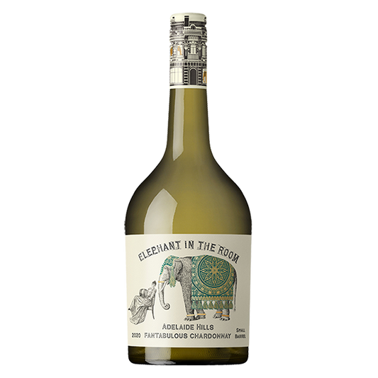 Elephant in the Room Small Barrel Chardonnay with ripe stone fruit, citrus, toasted nuts, and a creamy finish.