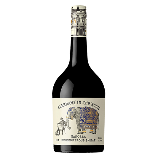 Elephant in the Room Small Barrel Shiraz with ripe dark berries, plum, spice, and velvety tannins.