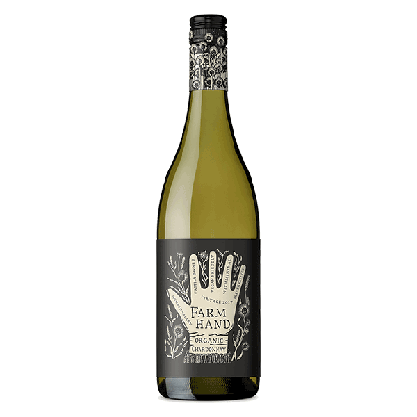 Farm Hand Organic Chardonnay with stone fruit, citrus, and soft acidity.