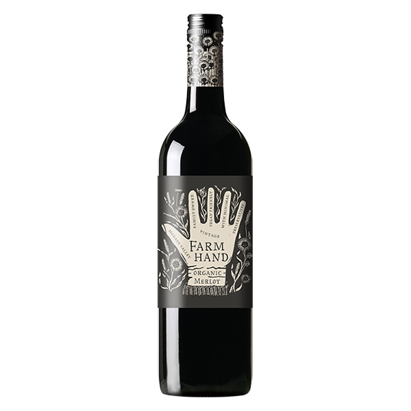 Farm Hand Organic Merlot with black fruit, dark cocoa, and mellow tannins.