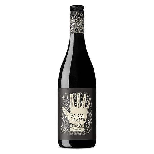 Farm Hand Organic Shiraz with red berries, plum, dark cocoa, and soft tannins.